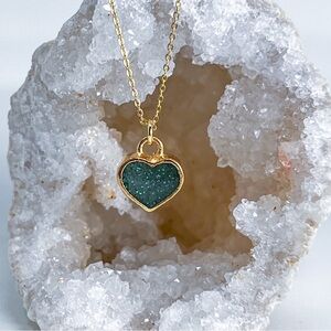 3/$20 24k Gold Emerald Green Blue Glitter Resin Heart Handmade Pendant Necklace